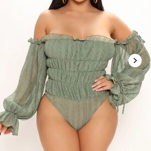 Fashion Nova Sage Green Off-Shoulder Ruffle Sheer Bodysuit